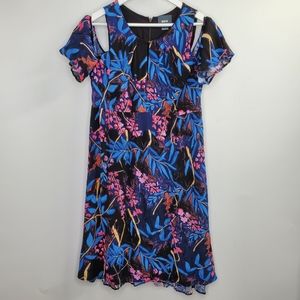 Anthropologie Maeve Dark Floral Tropical Boho Cold Shoulder Maxi Dress Blue